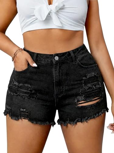 ALLABREVE Womens Plus Size Ripped Frayed Hem Denim Shorts High Waisted Stretchy & Comfortable Summer Hot Jean Shorts with Pockets Black