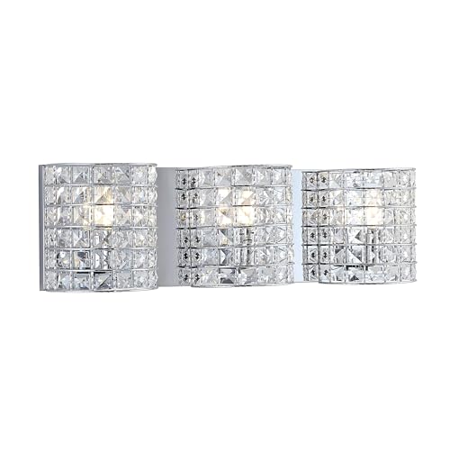 Image of JONATHAN Y 24 inch Chrome Modern LED Vanity Light Sconce for Bathroom Decor, 3-Light, Clear Crystal Shade, Glam Wall Lighting for Hallway Entryway, LED Bulb Included (JYL7544A)