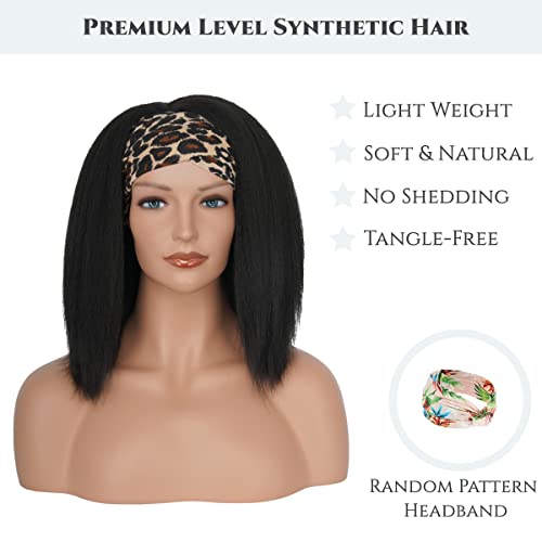 Aminow Kinky Straight Headband Wig, Soft & Natural As Human Hair, Wear And Go Glueless Wigs For Black Women, Long Black Italian Yaki Synthetic Half Wig 14" #TOP2