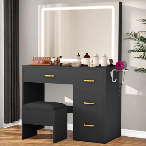 DWVO Makeup Vanity Table, Vanity Desk Set with Large Mirror, LED Lights with Adjustable Brightness, Bedroom Vanity Table with 4 Drawers and Cushioned Stool