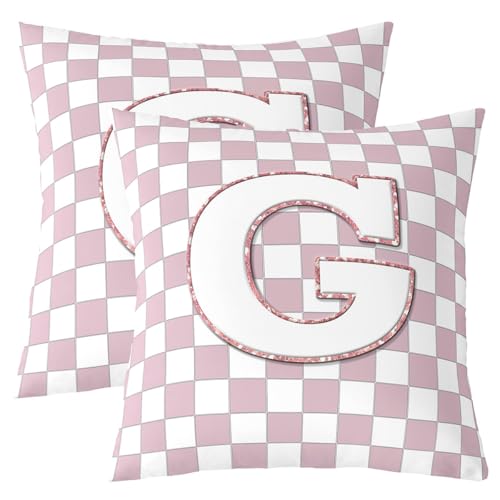 Image of Erosebridal Pink Initial G Throw Pillow Covers 20x20 Set of 2 Kawaii Plaid Checkered Cushion Cover Cute Personalized Monogram Throw Pillow Case for Bed Couch Sofa Fashion Grids Gingham Home Decor