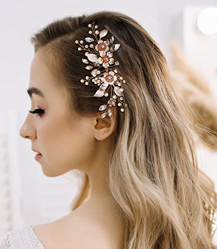 Sweetv Handmade Rose Gold Bridal Hair Comb Clip For Wedding Hair Accessories For Brides,Wedding Hair Pieces For Brides Women #TOP1