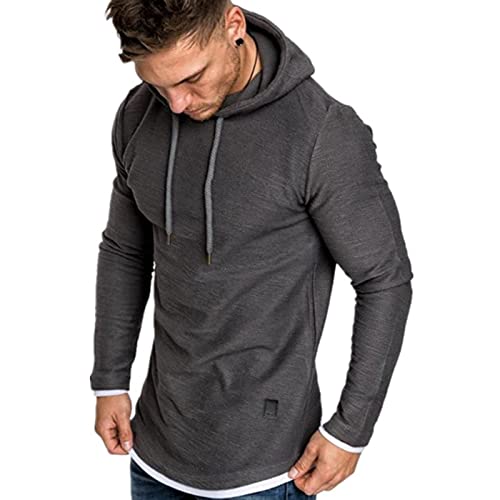 Men's Long Sleeve Pullover Hoodie Tops Sportwear Muscle Hoodie T-Shirts Solid Color Sweatshirt for Men SolidGrey L