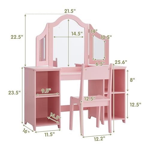 Image of MOUDS Kids Vanity Set 2 in 1, Sturdy & Durable Princess Makeup Table, Easy Assembly Toddler Vanity with Open Storage, Detachable Tri-fold Mirror Vanity for Little Girls Age 3-9 (Pink with Chair)