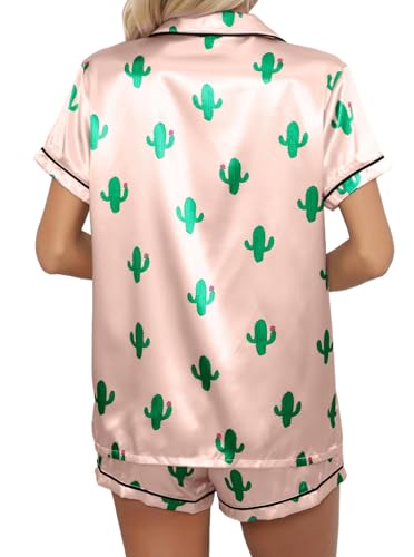 Image of Remidoo Women's Silk Satin Pajama Set Striped Button Up Pjs Short Sleeve Loungewear