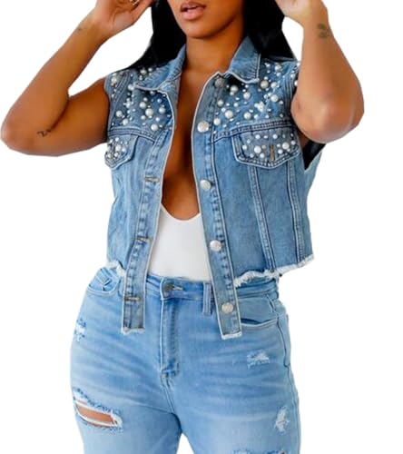 Women's beaded Pearls Short Denim Vest Sleeveless Button Cropped Jean Jacket Tops2