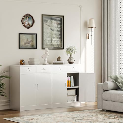 Metal Storage Cabinet with 2 Drawers 36" H,White Metal Garage Cabinets with 2 Lockable Doors and Adjustable Shelves Easy to Assemble for Home Office, Kitchen,Pantry,Garage,Warehouse