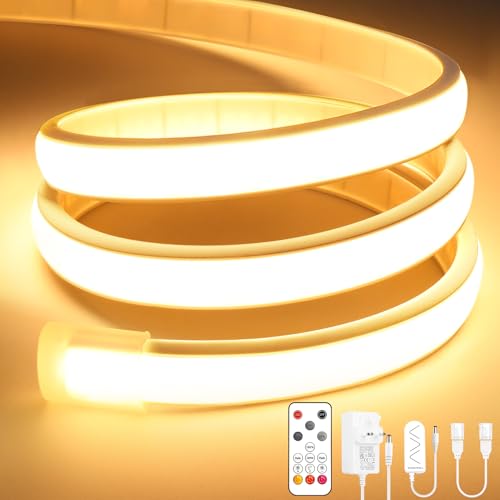 Lamomo COB LED Strip Light, 5M Warm White Led Lights for Bedroom with Remote, Dimmable Flexible Waterproof Silicone 3000K 24V Neon Rope Light for Kitchen, Cabinet, Outdoor, CRI90+, UKCA Transformer