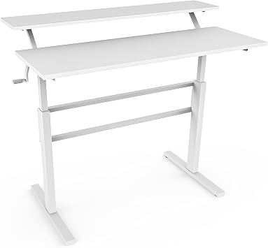 SFAREST Height Adjustable Standing Desk, Sit Stand Computer Table with Crank Handle, Study Writing PC Workstation for Home Office White 120 x 60 x 88-126 cm L   W   H