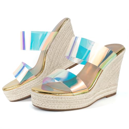 Image of VARECOLA Espadrille Wedge Sandals for Women, Open Toe Platform Slides | Slip-On Clear High Heel Sandals for Summer, Vacation, Beach, Party and Dressy Outfits