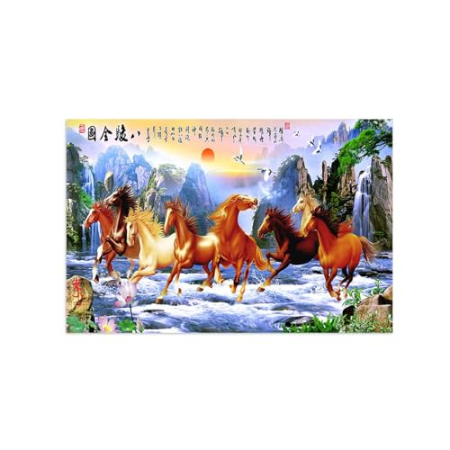 Tableau sur toile style chinois de huit chevaux par TAPHET, impression nature 40x60cm sans cadre