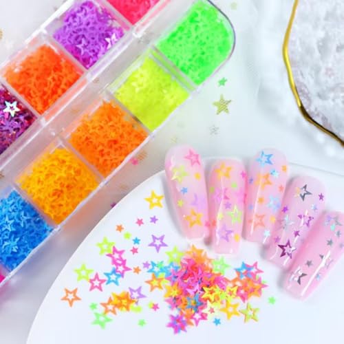 Image of 3 Box Star Nail Glitters Colorful Holographic Sequins 3D Mermaid Laser Independence Day Nail Flakes Sparkly Shiny Star Nail Decals Nail Art Design for Women Girls Manicure DIY Decorations
