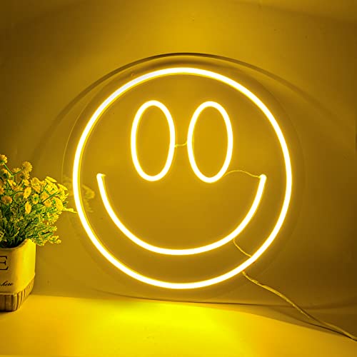 Smile Face Neon Sign for Wall Decor, USB or 3-AA Battery Powered Cheerful Light Up Sign, 13 Inch Diameter LED Emoji Smiley Face Wall Signs for Bedroom, Kids Room, Wedding Party Decor,Christmas Gift (Yellow)