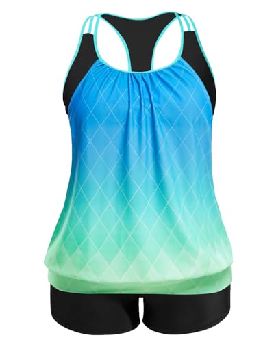 Image of Womens Plus Size Tankini Swimsuit Two Piece Tummy Control Bathing Suit | Blouson Racerback Tankini Top with Shorts, Double Up Design, Removable Pad