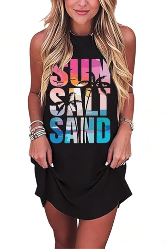 Image of Sun Salt Sand Coconut Tree Tank Mini Dress for Women Sleeveless Beach Praty Shirts Summer Vacation Short Mini Dresses