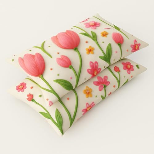 Image of RUMPS 380 TC Premium Heavy Cotton 7D Print Fast Colour Feel Elastic Fitted Floral Bedsheet King Size with 2 Pillow Covers || (RED TUILP, Fitted - 72 inchx78 inch King)