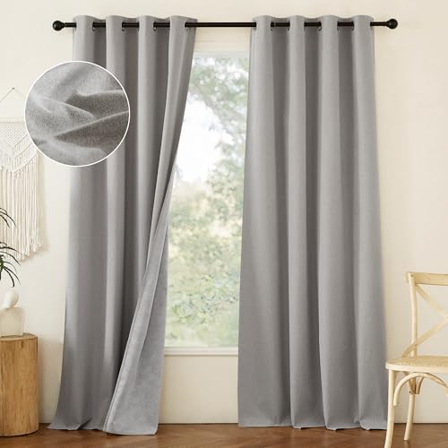 Image of NICETOWN 100% Absolutely Blackout Faux Linen Curtains with Thermal Insulated White Liner, 52 inch W, 2 PCs, Light Grey, 90 inch Long Drapes Sweep The Floor Decorative Keep Privacy Panels for Living Room /Villa