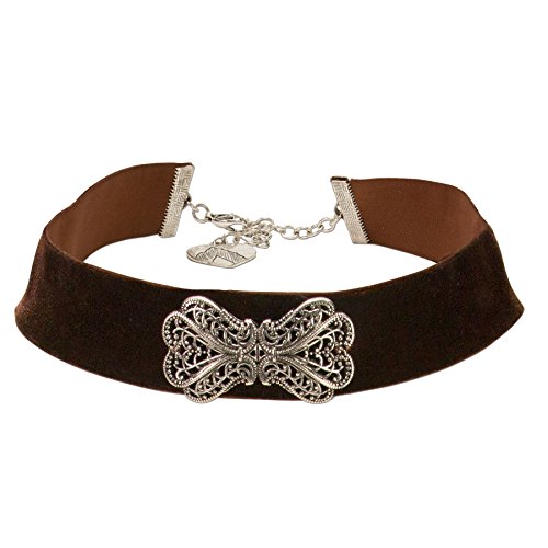 Alpenflüstern Trachten-Samt-Kropfband Ornament-Schleife - nostalgische Trachtenkette enganliegend, Kropfkette elastisch, eleganter Damen-Trachtenschmuck, Samtkropfband breit braun DHK207