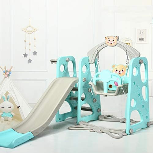 GYMAX Toddler Swing and Slide Set, 4-in-1 Children Climber and Swing Set with Basketball Hoop and Ball, Kids Play Area Playground Set for Indoor Outdoor (Green)