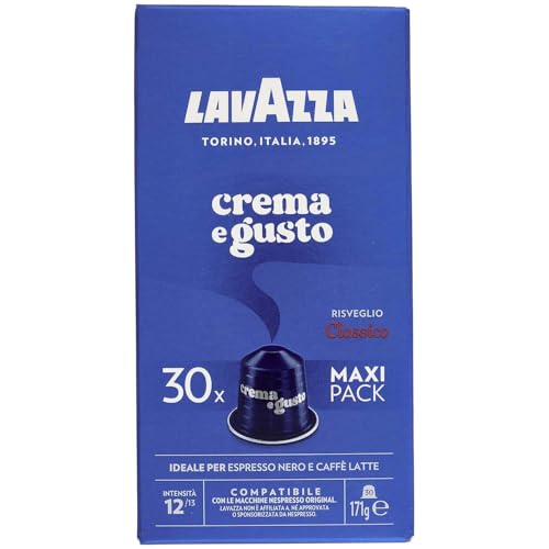 Lavazza, Crema e Gusto Classico, 30 Cápsulas de Café Compatibles con Máquinas Nespresso Original, con Notas de Chocolate, Madera y Especias, Arábica y Robusta, Intensidad 12/13, Tueste Medio