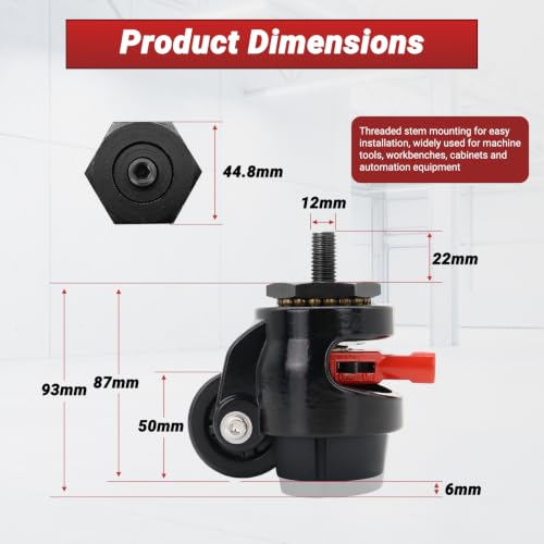 Image of W B D WEIBIDA M12 Heavy Duty Swivel Casters with Ratchet Handle, Retractable Wheels Load Capacity 1000 kg, Heavy Duty Casters for Furniture, Machine, Tool, Set of 4, Black