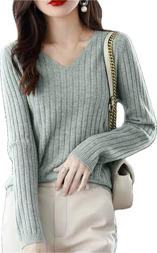 Women's Ribbed Knit Sweater, Sage Green, Long Sleeve V-Neck, Casual