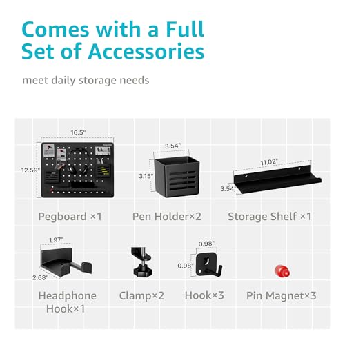 Image of PEGZONE Clamp on Desk Pegboard, 16.5 inch x 12.6 inch, with 10 Accessories, Black | Magnetic Metal Peg Board, Desk Organizer for Office Gaming Home, Privacy Panel, Medium