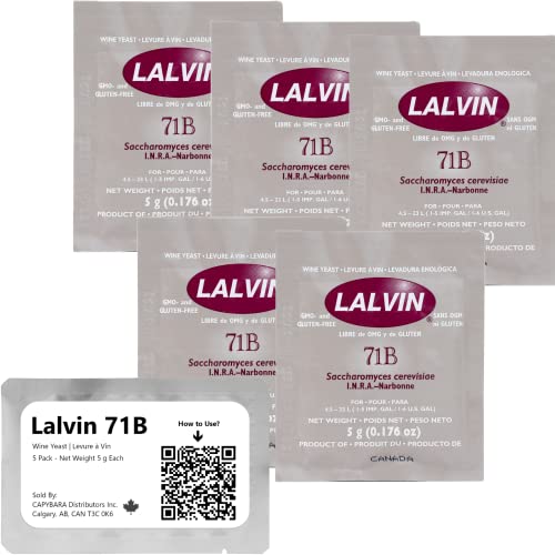 Lalvin 71B Levadura de Vino (5 Paquetes) - Levadura de Hidromiel - Haga Vino Hidromiel Sidra Kombucha en Casa - Sachets de 5 g - Saccharomyces cerevisiae - Vendido por CAPYBARA Distributors Inc.