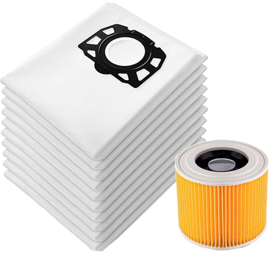 Awinker 12 bolsas para aspiradora + 1 filtro para aspiradoras Kärcher KFI 357, WD 2 Plus, WD 3, KWD 1-3, SE 4001, SE 4002 Piezas de repuesto 2.863-314.0