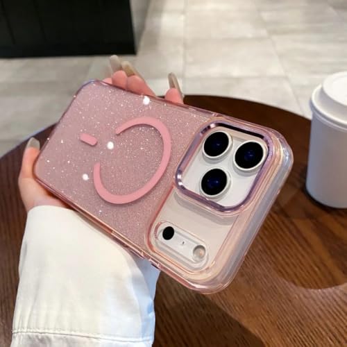 Coque iPhone 17 Pro magnétique anti-jaunissement rose paillettes