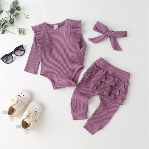 Fullfamous Baby Girl's 3pc Rib Frill Long Sleeve Romper and Pant Set2