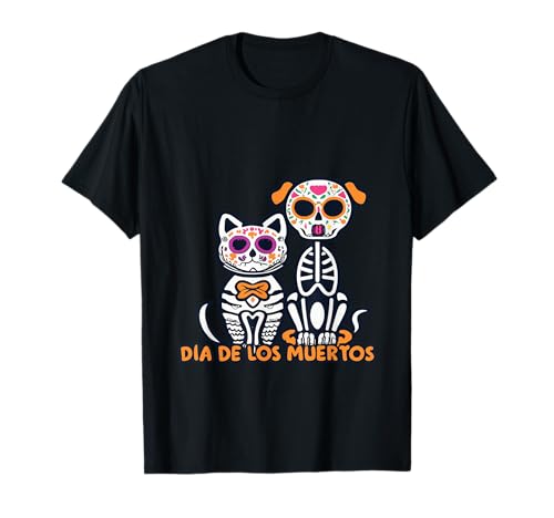 Halloween dia de los muertos sugar skull squelette chiens & chat t-shirt
