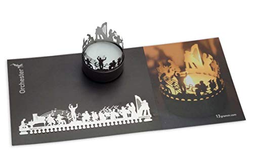 Orchester Windlicht Schattenspiel Geschenk, 3D Edelstahl Aufsatz für Kerze inkl. Karte Cover