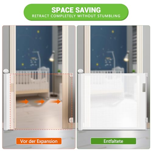 HAPPY FINDING Treppenschutzgitter Ausziehbar Extra Breit 350cm | 84 cm Hoch | Mühelos EIN klick Schloss | Einhändig Bedienbar | Türgitter ausziehbar aus PVC ABS für Treppen/Türen/Innen & Außen