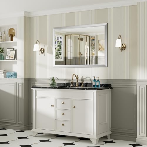 48x32 Inch Silver Bathroom Mirror for Wall, Thick Metal Framed Rectangle Mirrors for Over Sink, Bedroom, Living Room, Entryway, Anti-Rust, HD Tempered Glass