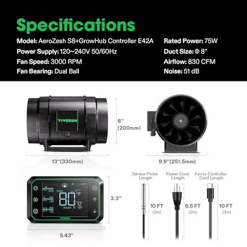 VIVOSUN Ventilador de duto em linha AeroZesh S8, silencioso 20.3 cm 830 CFM Ventilador de exaustão c