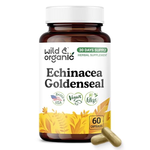 Wild & Organic Echinacea Goldenseal Capsules - Immune & Lung Support - Goldenseal Echinacea Supplement - Hydrastis Canadensis & Purpurea Complex - Vegan No Fillers Non-GMO - 60 Count