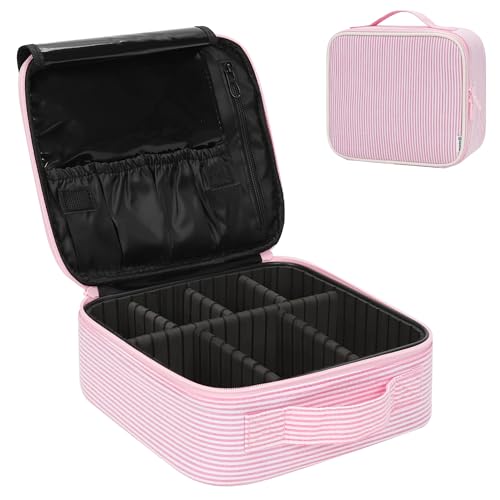 Image of Relavel Travel Makeup Train Case, Portable Cosmetic Case Makeup Organizer, Professional Artist Storage Bag with Adjustable Dividers for Cosmetics Brushes, Birthday Gifts for Girls, Pink Stripe