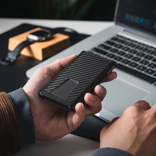 Image of VULKIT Credit Card Holder for Men, Aluminum POP UP RFID Blocking Card Case, Carbon Black