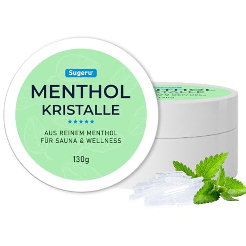 Sugeru Mentholkristalle - Hergestellt aus Reiner Minze - In Wiederverschließbarer Dose - Erfrischendes Sauna Zubehör - Saunaaufguss - Sauna Aufgussmittel mit Wohltuendem Aroma - Saunazubehör (130g)