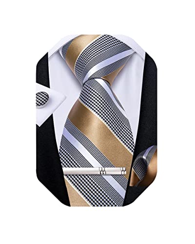 Image of DiBanGu Mens Striped Tie Silk Woven Necktie and Pocket Square Cufflinks Tie Clip Set Wedding Business Formal Gift Tie for Men