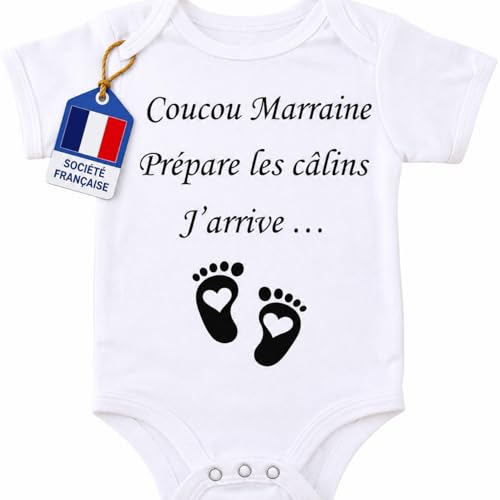 nedit Body Annonce Grossesse [Société Française] Annonce Grossesse Marraine - Body Bébé Personnalisé - Cadeau Surprise Original (Taille 0-3 Mois) -...