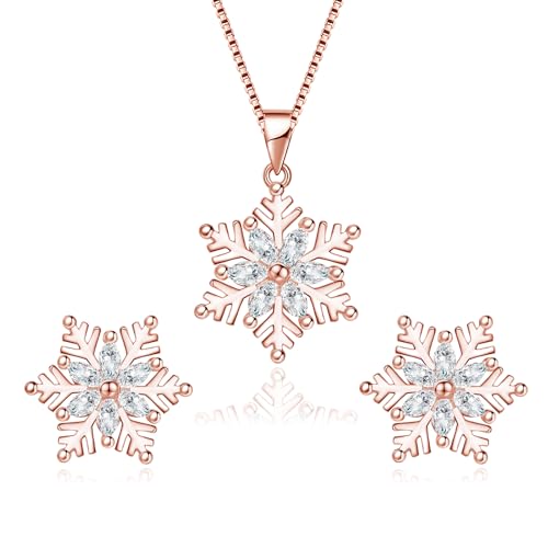 Estrellique 925 Sterling Silver Snowflake Pendant Necklace & Stud Earrings, Silver Snowflake Jewellery Set for Women, Necklace with White Zirconia & 45+5cm Chain, Jewellery Set Gift for Christmas