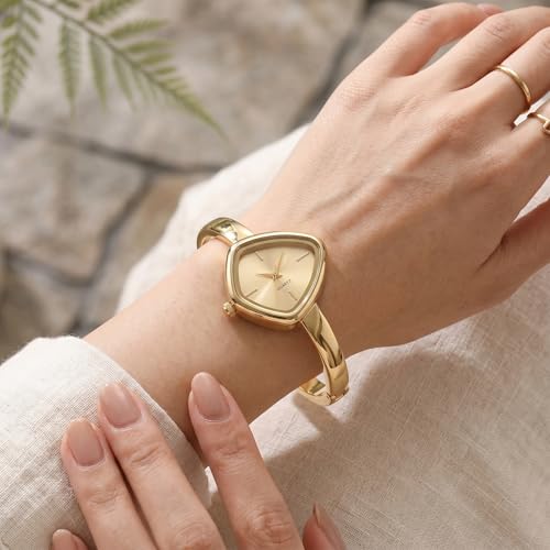 Image of Shocknshop Analog Triangle Dial Bangle Ladies Gold Tone Cuff Bracelet Strap Ladies Minimalist Quartz Watch for Woman -WCH192