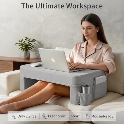 Image of septsun Lap Desk Pillow, Large Ergonomic Couch and Bed Desk for Laptop | Gray Soft Foam Workstation for Gaming, Reading, WFH Fits 13-17 inch Laptop; Armrest Support, Smooth Mouse Area, Large Pockets