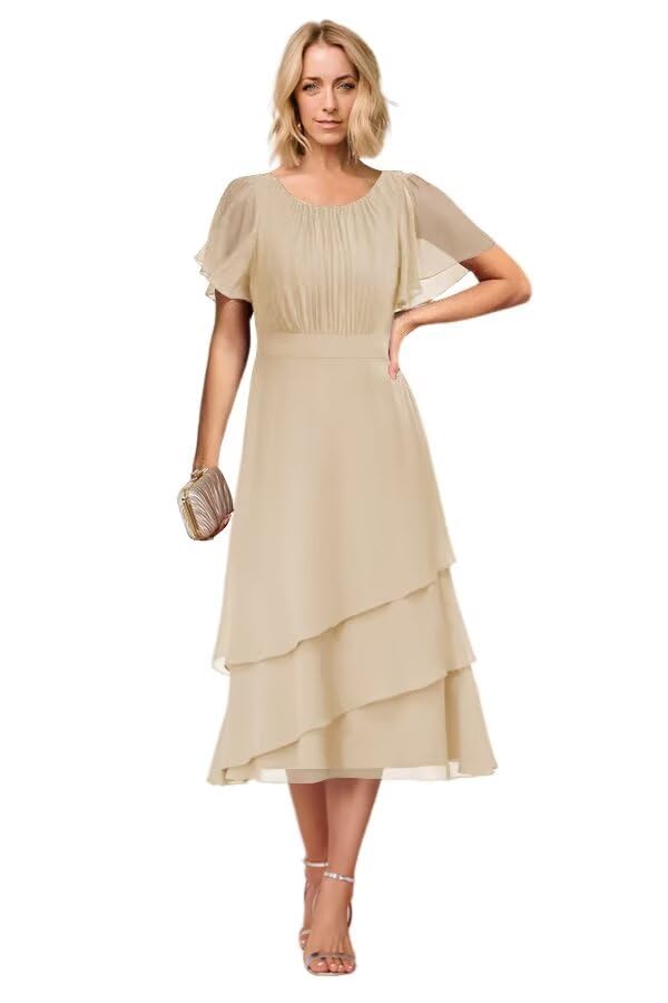 deamify Flutter Sleeve Tea Length Mother of The Bride Dresses for Women Corset Round Neck Tiered Formal Party Dress DIN015
