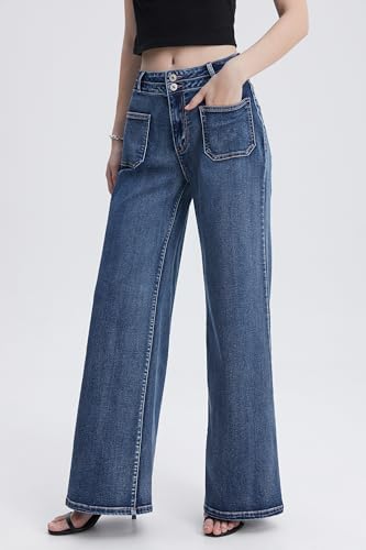 Women's High Waist Wide Leg Jeans Stretchy Loose Denim Pants with Two Button Detail2