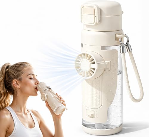 CRILEAL 2-in-1 Water Bottle with Foldable Fan 690ml Portable Cooling Cup with Straw 3-Speed USB-C Rechargeable Built-In Fan Bottle for Travel Hiking Beach and Summer Outdoor Use White