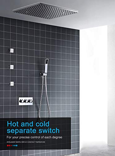 Cascada Luxury 20" Square Ceiling Mounted Thermostatic Shower System With Mist, Lateral Jet, Rain and Hand Shower Modes And Automated LED Light - Stainless Steel (20 Inch, Brushed Nickel) miniatura 4
