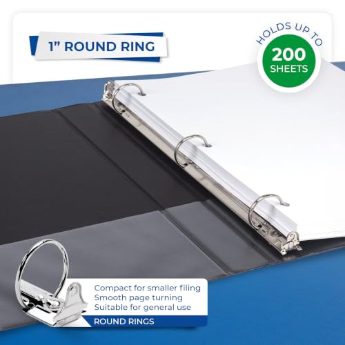 Image of Samsill 1 Inch 3 Ring Binders, Economy Round Ring, Clear View Cover, 200 Sheet Capacity - for School, Home, Office - Black, 24 Pack